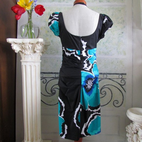 FLORAL DRESS, 8, SUZI CHIN ART in TURQUOISE, BLACK & WHITE COTTON BODYCON MIDI - Picture 2 of 5
